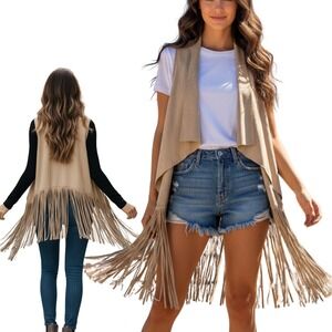 VERY MODA Womens Boho Fringe Vest Tan Faux Suede Open Front Duster OS NWT‎